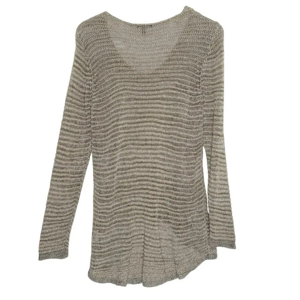 Eileen Fisher L Womens V Neck Metallic Knit Sweater Natural Tan Linen Blend